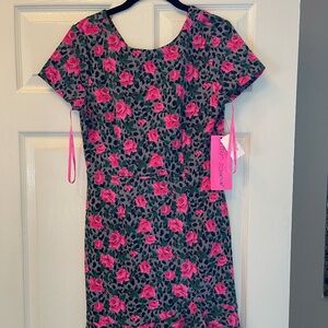 NWT Betsey Johnson Rose Floral Dress Scuba Mini Ruffle Leopard Bodycon - Small